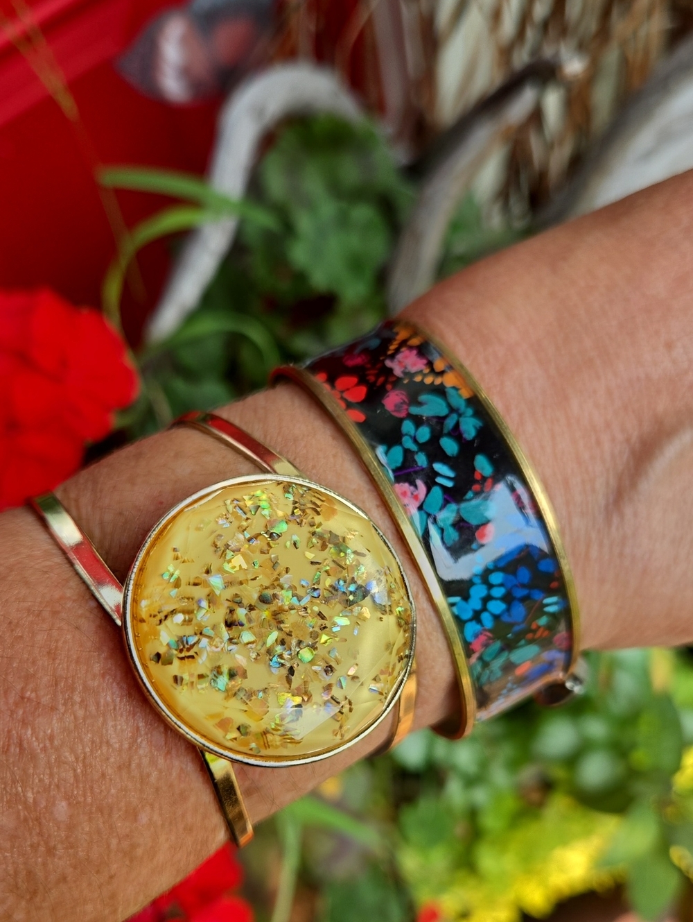 Gold-Tone Yellow Glitter Resin Cuff Bracelet